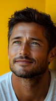 Hispanic male model with stubble beard and bright smile looking up against vibrant yellow background. Natural lighting highlights defined facial features and confident expression.