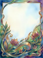 Watercolor floral frame with gold art nouveau border, purple flowers, and swirling leaves on soft blue background with copy space.
