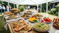 Outdoor catering buffet table with grilled salmon, fresh salads, vegetables, and pasta at a garden party event under a white tent.
