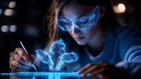 Young woman in protective glasses working with glowing blue holographic molecular structure in dark laboratory environment, futuristic science visualization.