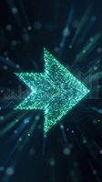 Glowing green arrow pointing right made of digital particles on dark tech background with circuit patterns and data visualization elements for business growth concepts.