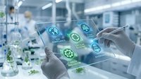 Scientist using digital tablet with sustainability icons in modern laboratory for environmental research and green technology development.
