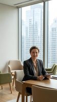 Professional middle-aged Caucasian businesswoman in gray suit sitting at conference table in modern office with city skyline view through large windows.