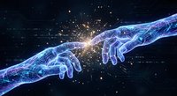 Digital hands reaching toward each other with glowing energy connection against starry space background representing AI technology and human interaction.