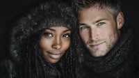 Young interracial couple in warm winter clothing sharing intimate moment together against dark background for lifestyle and relationship concepts.