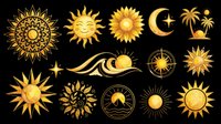 Watercolor golden sun collection with moon, waves, compass, and palm trees, isolated on transparent background. Great for stickers, t-shirt design, clipart.