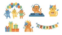 Cartoon cats celebrating with balloons, DJ equipment, party bunting, and gift boxes isolated on white background, ready for children's party invitations, greeting cards, and festive design projects.