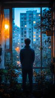 Man silhouetted against window overlooking city apartments at dusk, surrounded by houseplants. Moody blue twilight atmosphere with warm interior lighting creates contemplative scene.