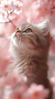 White fluffy cat looking up at cherry blossoms against soft pink background, creating dreamy spring atmosphere with gentle bokeh effect and delicate lighting.