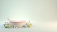 Pink cylindrical podium with Easter eggs and white cherry blossoms on soft gradient background for spring product display and seasonal marketing campaigns.