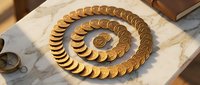 Golden crescent-shaped ornaments arranged in concentric spiral pattern on marble surface, displaying luxury decorative elements for interior design and styling projects.