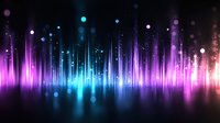 Glowing abstract background with vertical light rays in purple, blue and pink colors creating dynamic sound wave effect with bokeh particles and reflection.