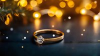 Golden engagement ring with round diamond solitaire against dark background with magical bokeh lights creating romantic atmosphere for wedding proposals.
