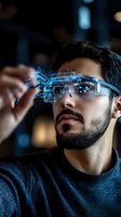 Man wearing futuristic augmented reality glasses with holographic digital interface overlay, representing advanced technology, innovation, and virtual reality applications for business and design.