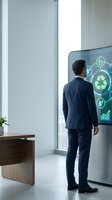 Business executive analyzing sustainability data on interactive display screen in modern corporate office environment for green technology solutions.