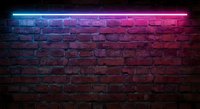 Neon lights illuminating red brick wall with blue and pink glow creating atmospheric urban background for nightclub, bar or modern interior design projects.