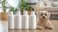 Small white dog lying next to row of blank white cosmetic bottles on wooden floor in cozy home interior with houseplants and furniture in background.