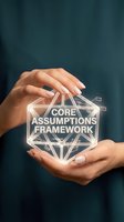Female hands holding glowing geometric hologram displaying core assumptions framework text against dark teal background for business strategy and consulting presentations.