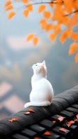 White cat sitting on roof tiles gazing up at orange autumn leaves against misty background, creating serene atmospheric mood for nature and pet photography.