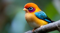 Colorful small songbird with orange head, blue wings and yellow body perched on branch against soft blurred green background for nature photography.
