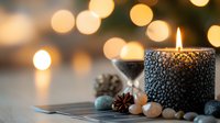 Burning candle in textured holder with hourglass, pine cones and decorative stones against blurred golden bokeh lights creating cozy atmospheric composition.