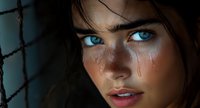 Young woman with intense blue eyes and tear-stained face in dramatic lighting, conveying deep emotion and vulnerability against dark background.