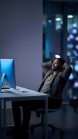Relaxed African American businessman taking break at modern office desk with computer during evening work hours in corporate building.