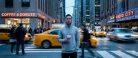 Young Caucasian man in gray hoodie standing on busy New York city street with yellow taxis and pedestrians during evening rush hour in urban downtown area.