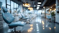 Modern dental office interior with blue patient chairs and bright lighting creating professional healthcare environment for oral treatment services.
