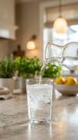 Water pouring from bottle into glass with ice on kitchen counter, potted plants and warm pendant lights in blurred background for beverage and lifestyle use.