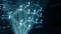 Digital network security interface with checkmarks and X symbols showing cybersecurity validation process on futuristic blue technology background.