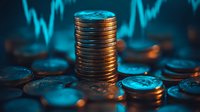 Stack of golden coins against blue trading chart background, dramatic lighting creates contrast between metallic surfaces and glowing market data display.