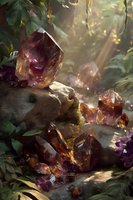 Magical amethyst crystals growing on rocks in enchanted forest with sunbeams filtering through lush foliage, creating mystical atmosphere.
