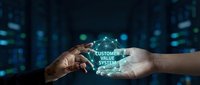 Customer value system concept with two hands exchanging glowing digital hologram displaying interconnected nodes and text on dark blue technology background for business solutions.