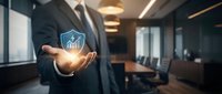 Businessman in dark suit holding glowing financial growth chart icon in modern office environment, representing investment success and digital financial planning.