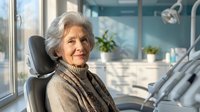 Senior Caucasian woman with gray hair smiling confidently in modern dental office chair, representing healthcare, dental care and positive aging experience.
