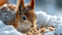 Red squirrel with fluffy tail eating nuts in fresh white snow during winter season. Cute woodland animal foraging for food in cold weather outdoor nature scene.