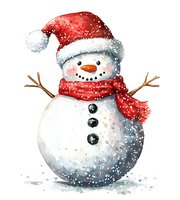 Cheerful snowman wearing red Santa hat and scarf, with carrot nose and twig arms against white background. Watercolor winter holiday character for seasonal designs.