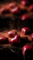 Red heart-shaped chocolates dusted with cocoa powder on dark surface with floating particles, perfect for Valentine's Day, romance, love, and confectionery designs.