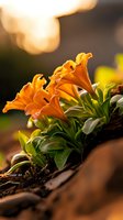 Vibrant orange trumpet flowers blooming in garden soil with green leaves, captured during golden hour with soft bokeh background, creating dreamy natural atmosphere.