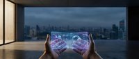 Hands holding holographic digital interface with data visualization against modern city skyline window view, representing technology innovation and future business solutions.