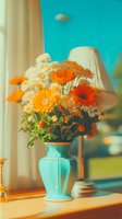 Vibrant orange gerbera daisies and white chrysanthemums arranged in turquoise ceramic vase on sunlit windowsill, creating warm nostalgic mood with soft focus effect.