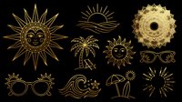 Sunny day elements collection with smiling sun faces, sunglasses, beach umbrella, palm tree, and radiating light bursts. Isolated on transparent background, ready for t-shirts, stickers, clipart, sublimation, and print-on-demand designs.