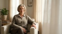 Confident mature Caucasian woman in gray cardigan sitting on beige sofa in bright living room with natural light from window and houseplant.