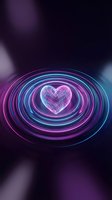 Neon heart with glowing circular rings on dark background. Digital love concept for Valentine's Day, romance, technology and futuristic design projects.
