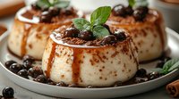 Creamy vanilla panna cotta dessert topped with caramel sauce, fresh blueberries and mint leaves served on gray ceramic plate, macro food photography.