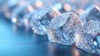 Sparkling crystal ice cubes with glitter effect on blue background, soft focus macro photography with bokeh lights creating magical winter atmosphere.