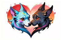 Romantic fantasy illustration of two wolf heads forming heart shape, featuring blue and black mystical creatures with magical glow effect. Perfect for Valentine cards and fantasy art prints.