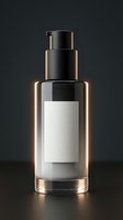 Luxury cosmetic serum bottle with golden lighting effects and blank white label on dark background for premium skincare branding and product mockup design.