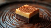 Decadent layered chocolate caramel dessert square with cocoa powder dusting on dark wooden plate. Gourmet confection for bakery menu and sweet treat marketing.